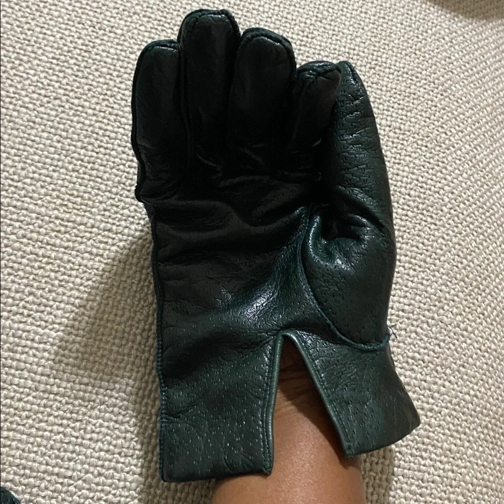 Elegant Dark Green Leather Gloves women 6 cozy cashmere wool lined Y2K event